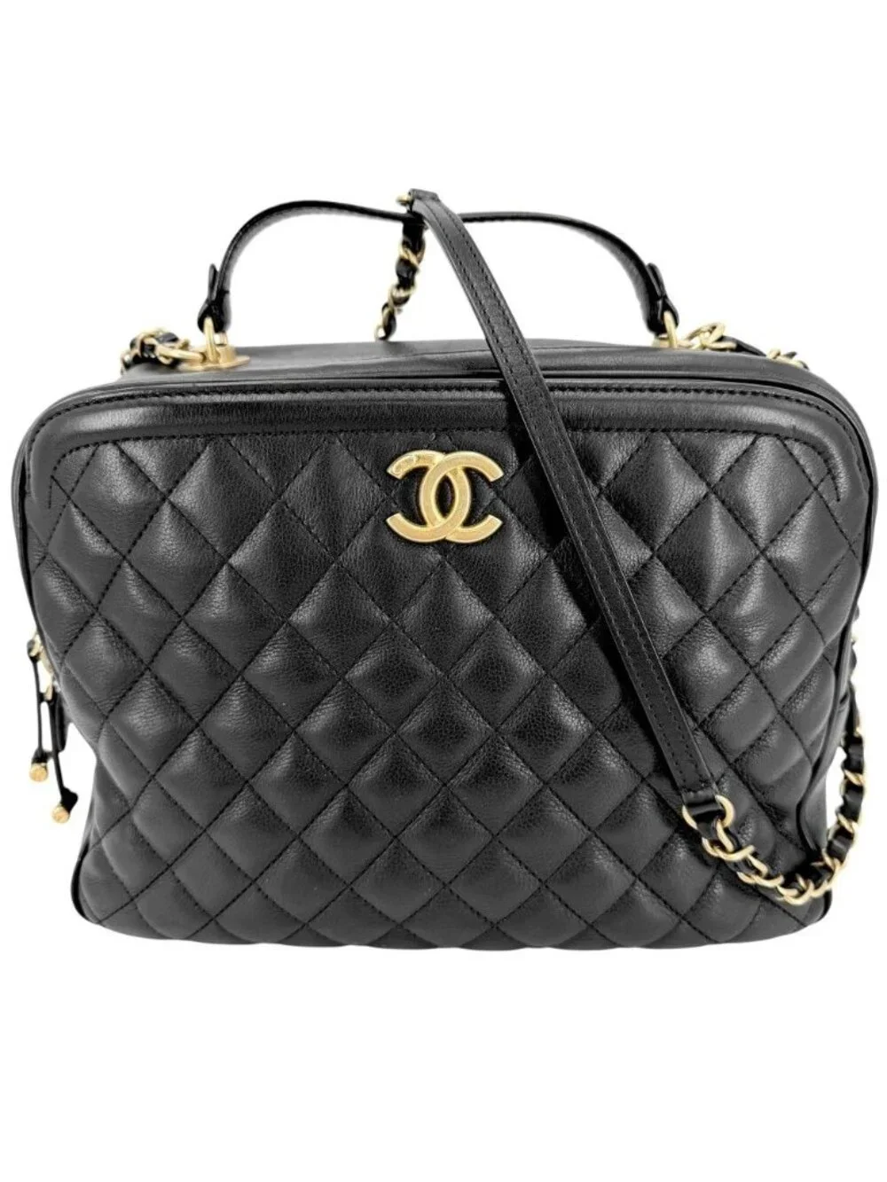 Chanel 2-Way Quilted Vanity Chain Shoulder Bag Crossbody Leather Black Gold
